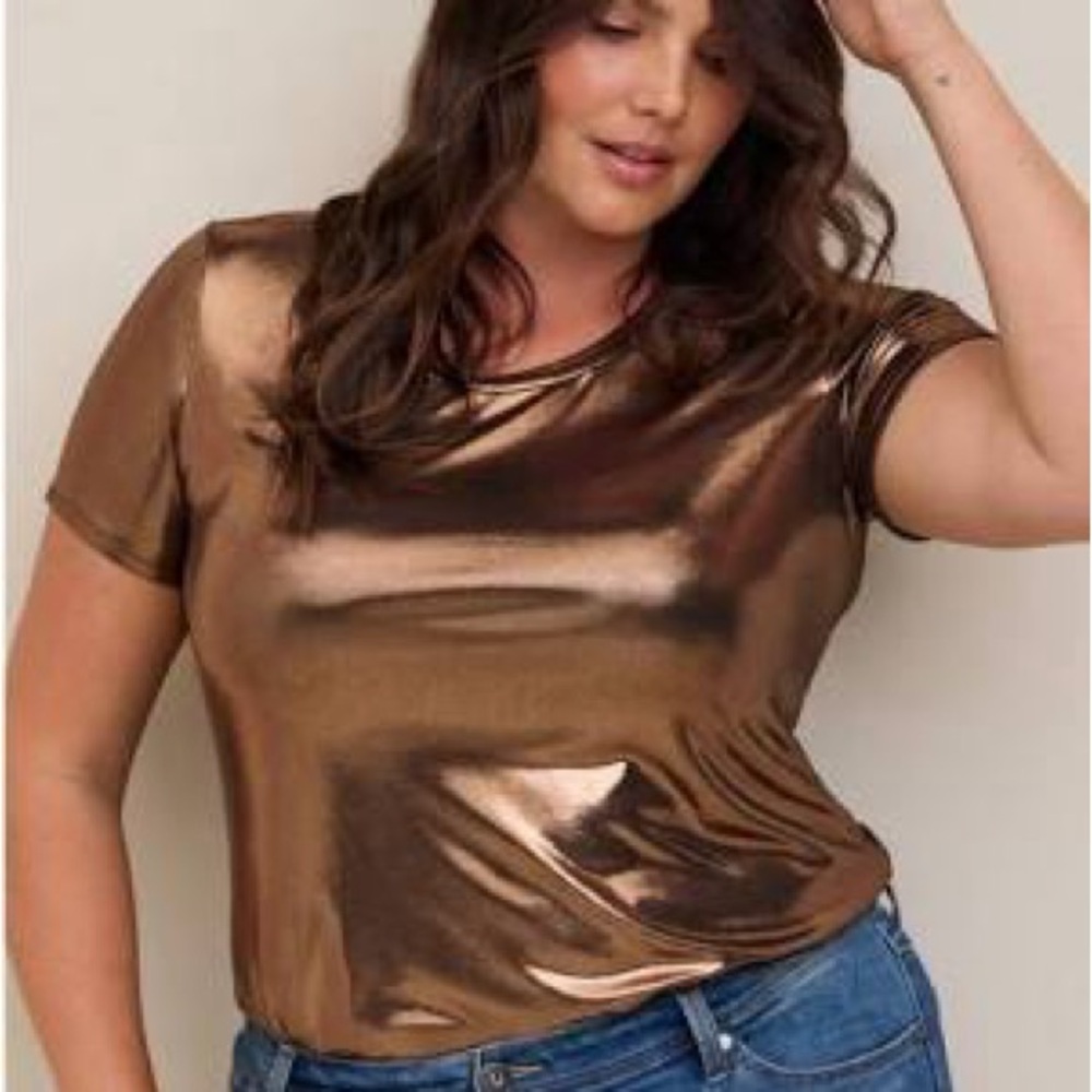 Torrid Shimmering Bronze Metallic Shine Short Sleeve Top Sz 2